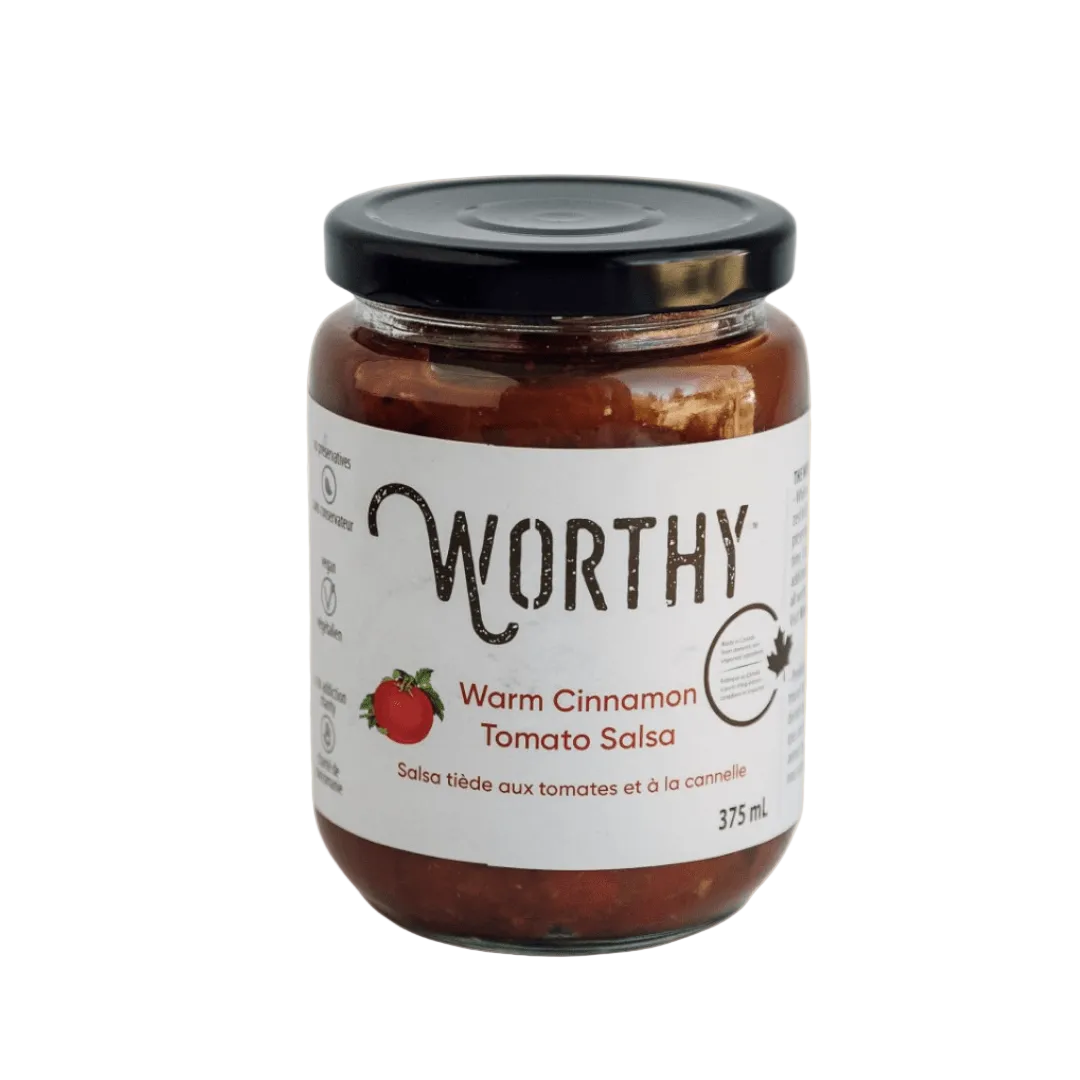 Worthy's Warm Cinnamon Tomato Salsa on a cream coloured background.