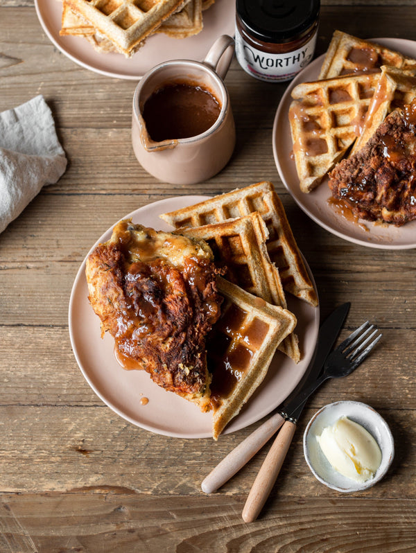 Worthy’s Crispy Baked Chicken & Waffles with Vanilla Rhubarb Butter